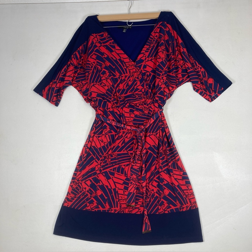 Sangria Red Navy Geometric Wrap  Dress V neck Size 14W Tie Dolman Sleeve - Picture 16 of 16